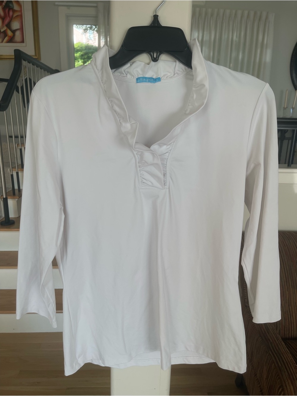 J. McLaughlin Classic White Ruffle-Trim Long Sleeve Top large